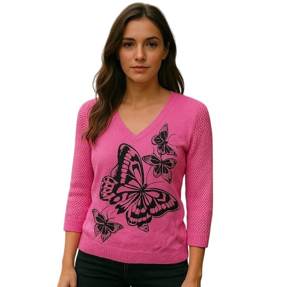 Peter Nygard Butterfly Top‎ Crochet Sleeve V-Neck Knit Shirt Fushia Pink S
